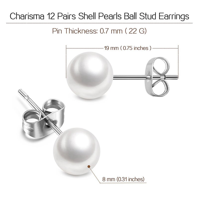 Charisma 8mm Composite Pearl Earrings Round Ball Pearls Stud Earrings Hypoallergenic 12 Pairs Imitation Pearl Earrings Set for Women - Image 4